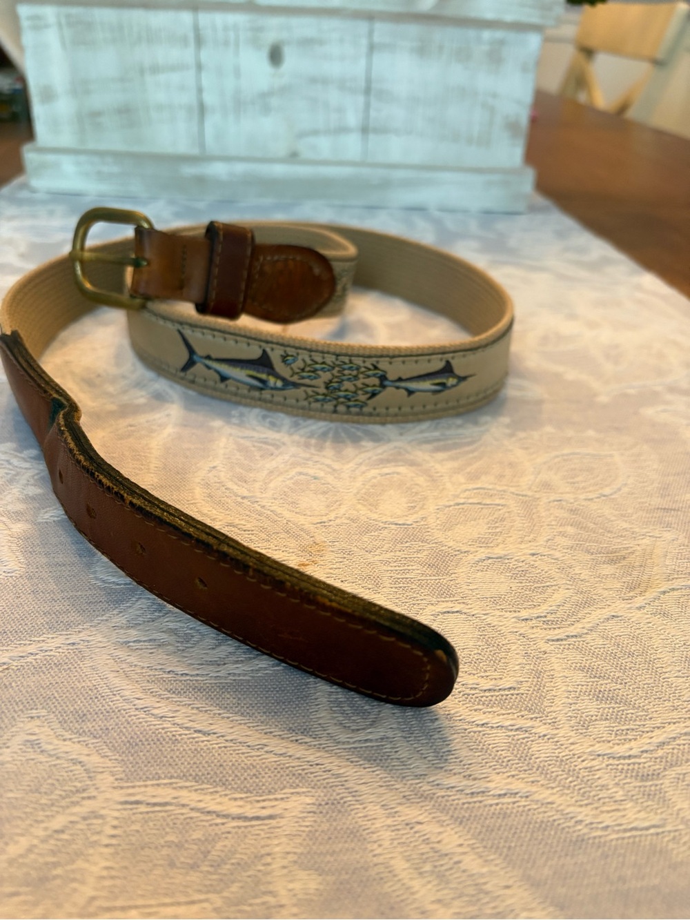 Zep Pro Men's Beige Canvas Belt with Brown Leather Trim and Marlin Embroidery